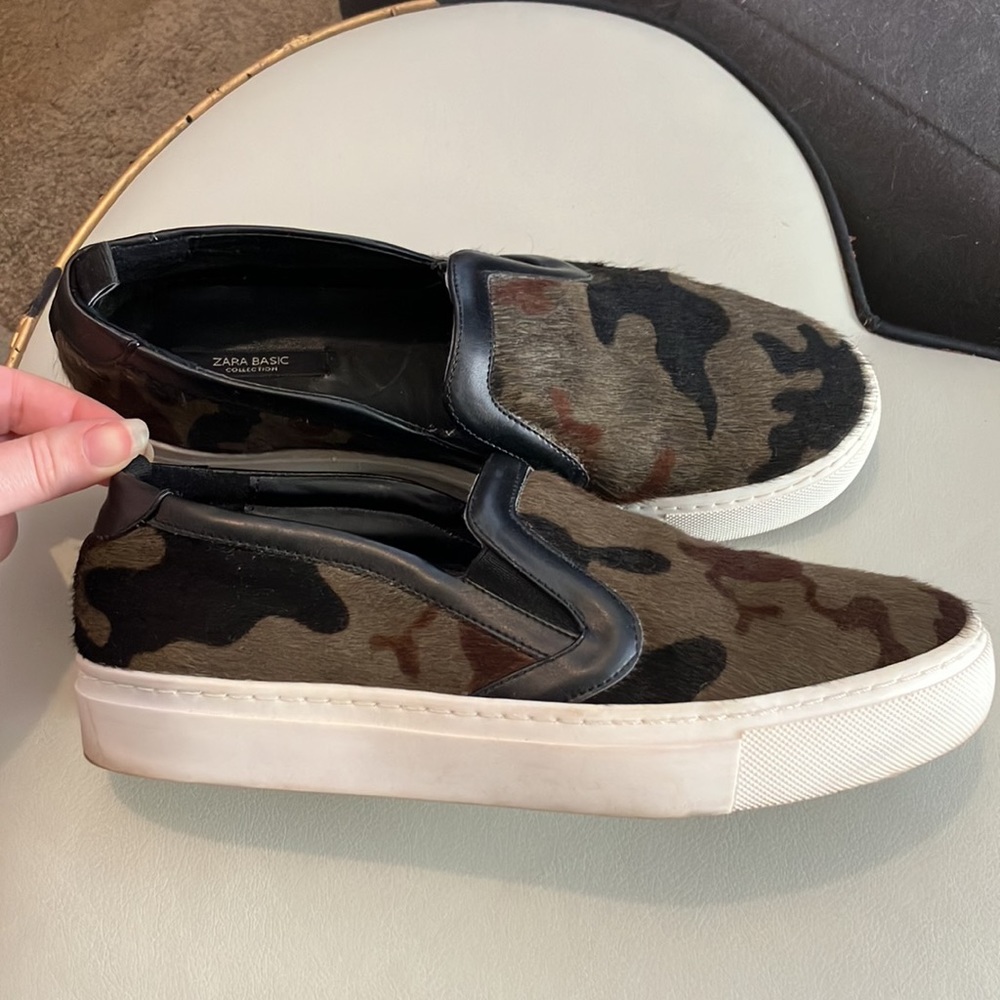 Zara basic collection calf hair leather camo print slip on sneakers 41 9.5 10